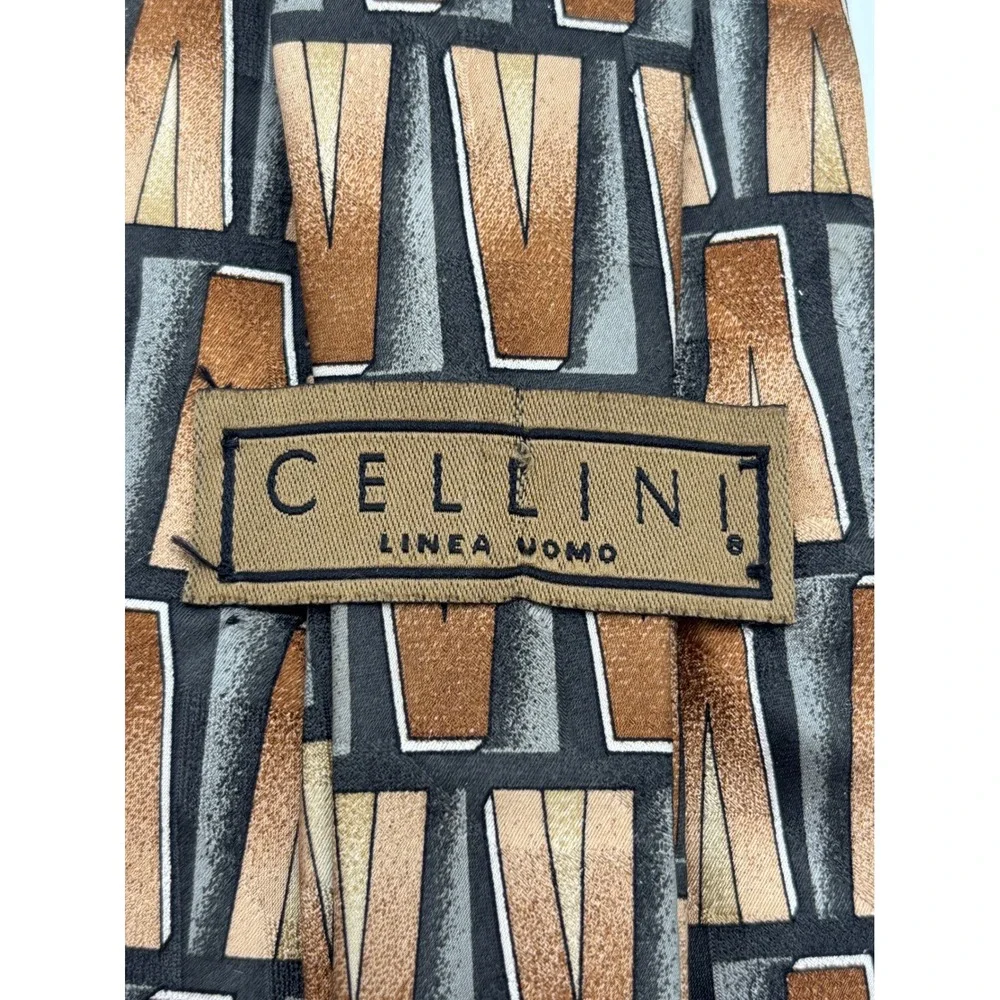 Cellini Linea Uomo Men's 100% Silk Necktie – Brown Black Gray Art Deco Geometric